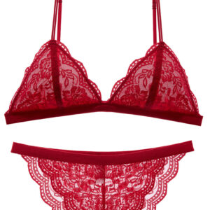 Knit Lace Bralette Bra & Crochet Lace G-String Thong Panty __HER-BR008
